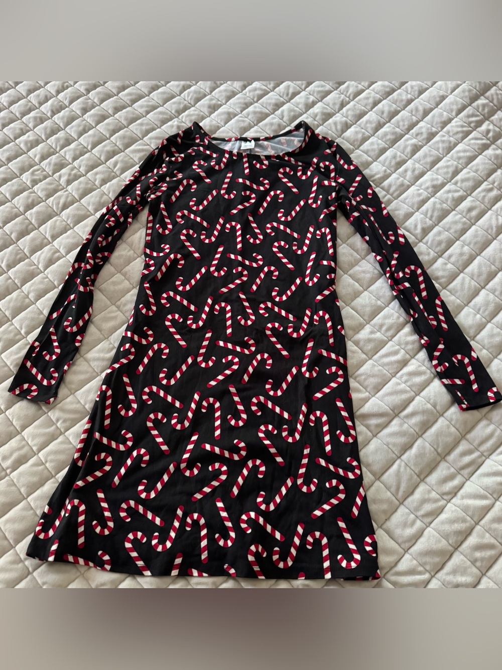 Black Holiday Candy Cane Print Long Sleeve Dress